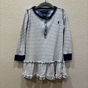 Girls Ralph Lauren Blue & White Striped Flounce Hem Dress Size 5